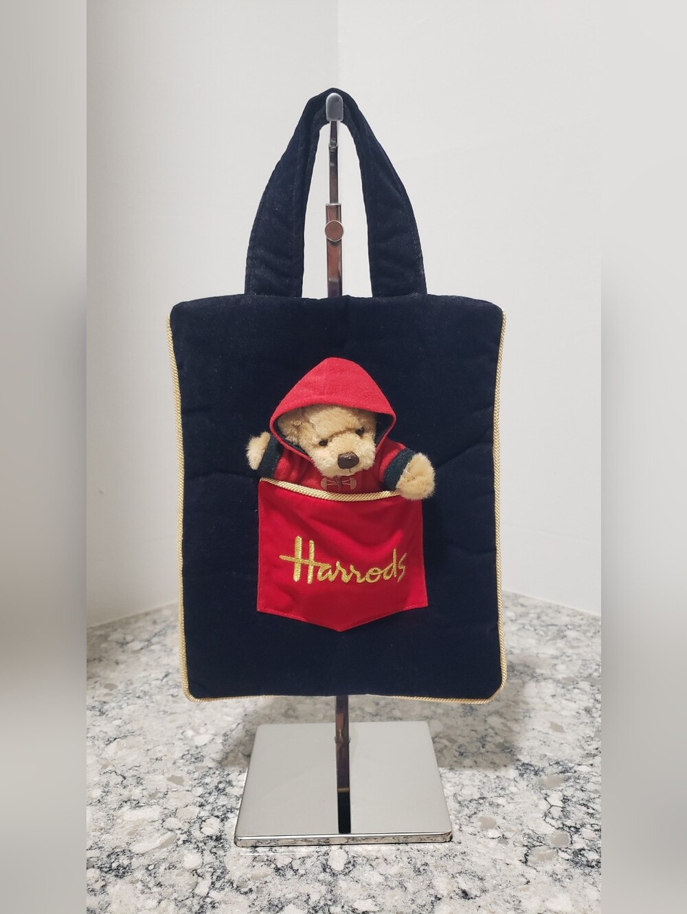 Harrods London Pocket Bear Vintage Velvet Small Tote Bag w/ Plush Teddy Bear